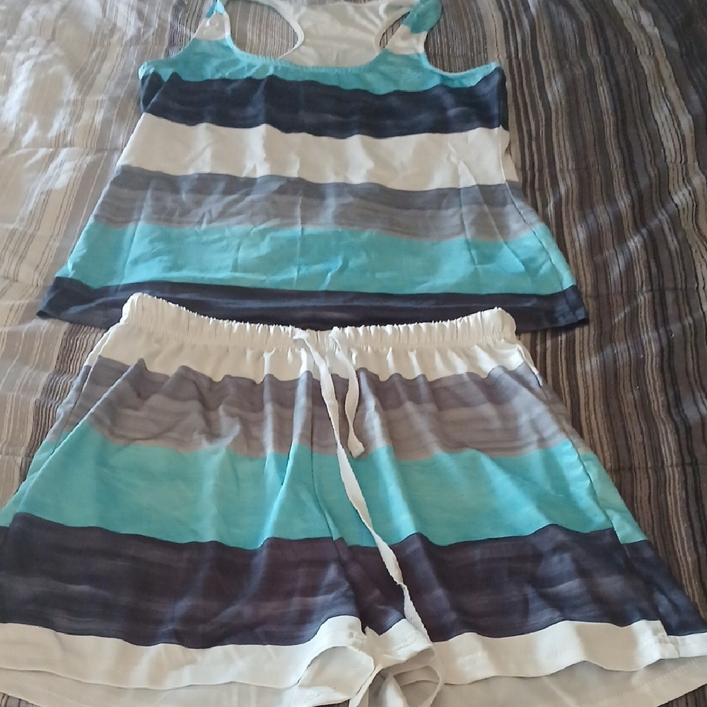 SHEIN Striped Tank & Drawstring Shorts in Aqua, Navy & White
